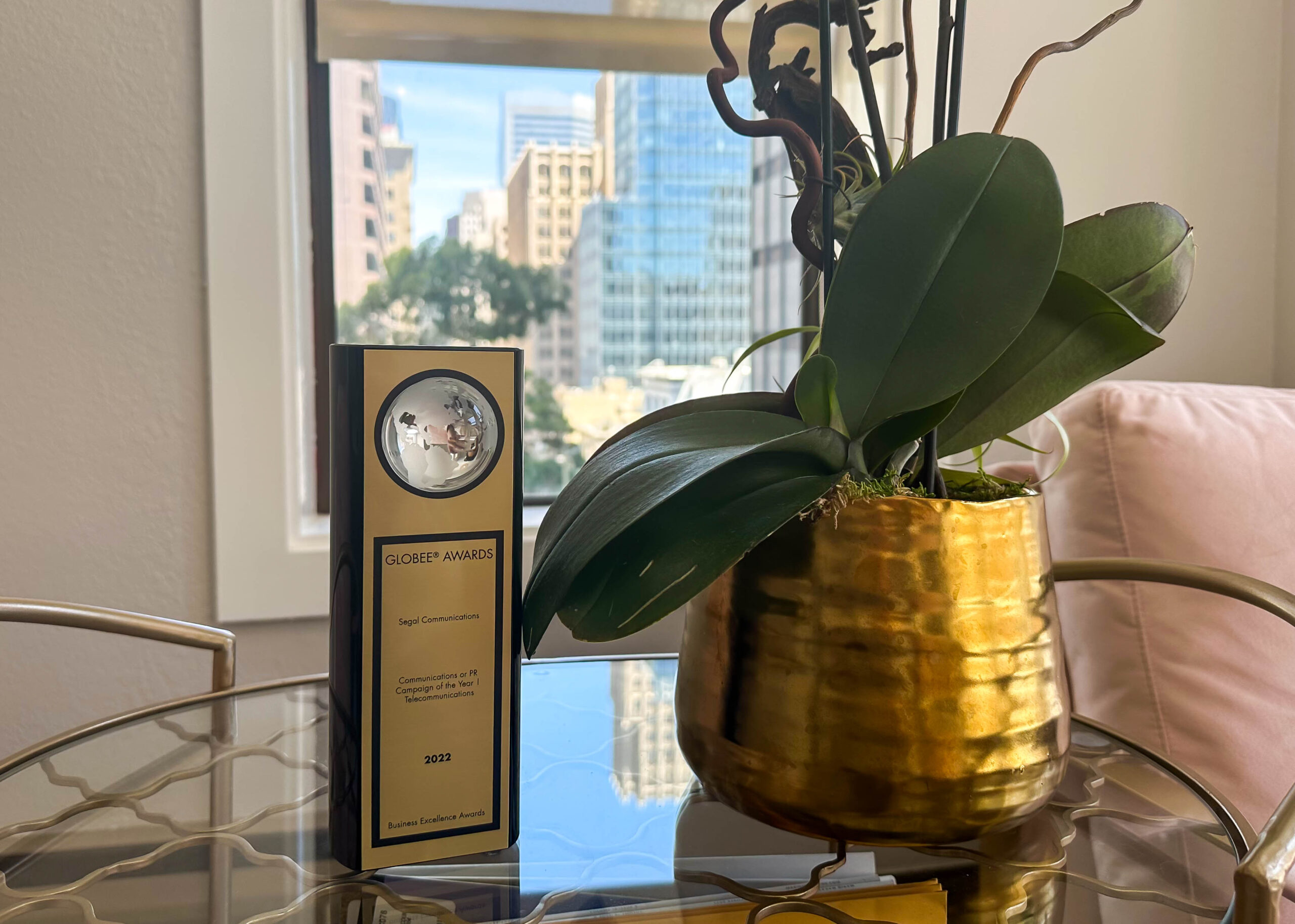 A photo of Segal Communications' Globee Award, sitting in the Segal Communications office in San Fransisco.