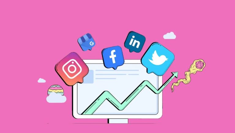 illustration of social media icons and a rising graph on a pink background