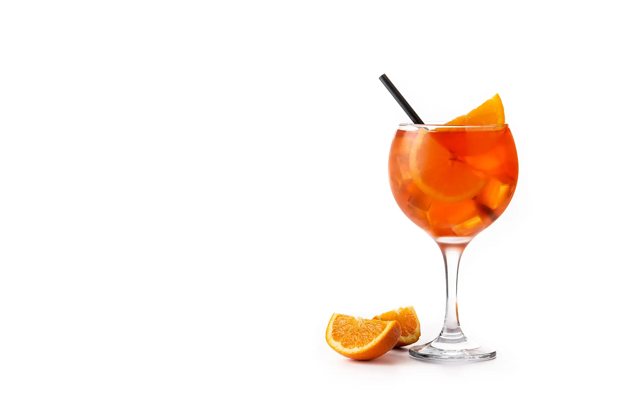 an aperol spritz drink with an orange slice on a white background