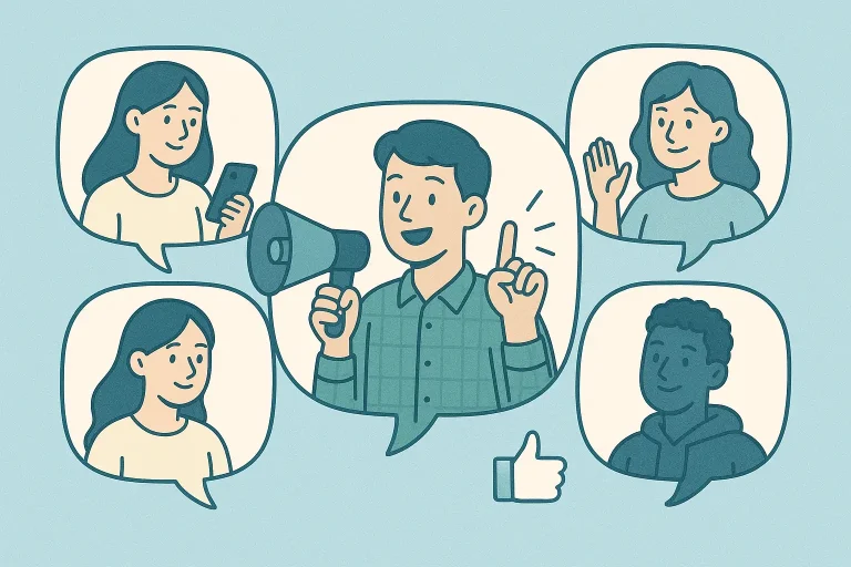 cartoon image of influencer with megaphone and followers in talk bubbles