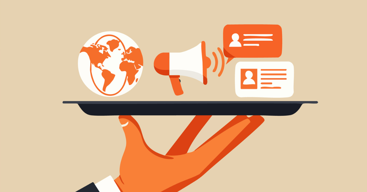 illustration of a hand holding a tray with a globe, megaphone, and other social media bubbles