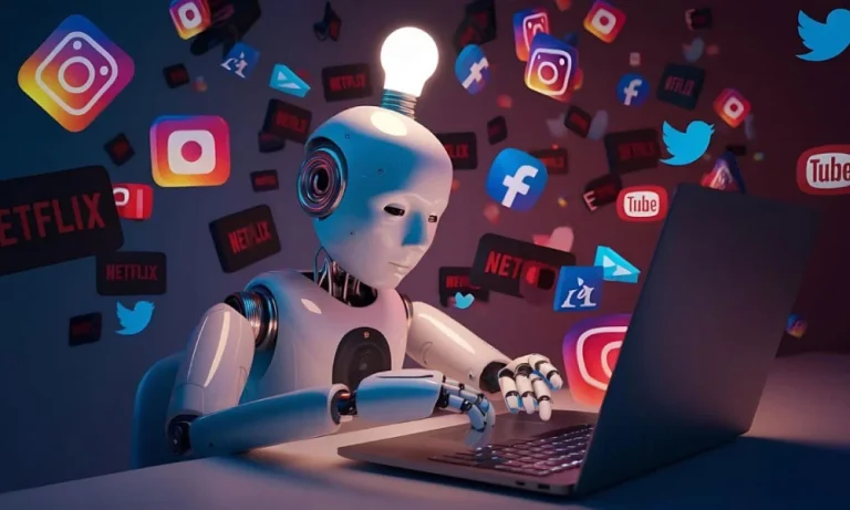 a robot at a computer with social media icons floating around its head