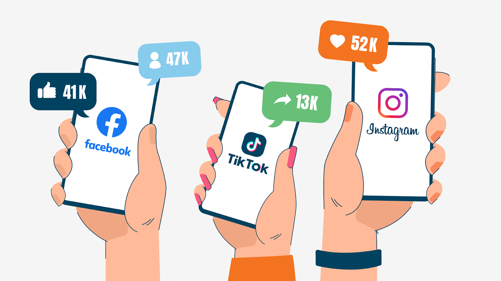 illustration of hands holding phones with social media logos and like bubbles