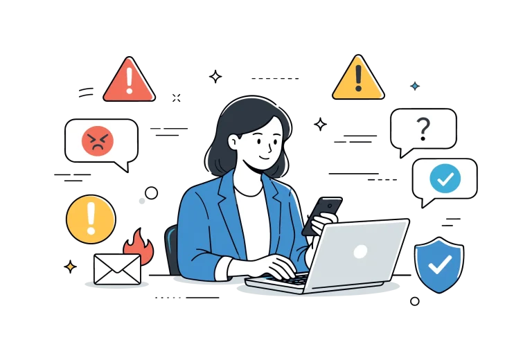 A PR manager calmly addressing messages on a screen while warning icons and speech bubbles are organized neatly around.