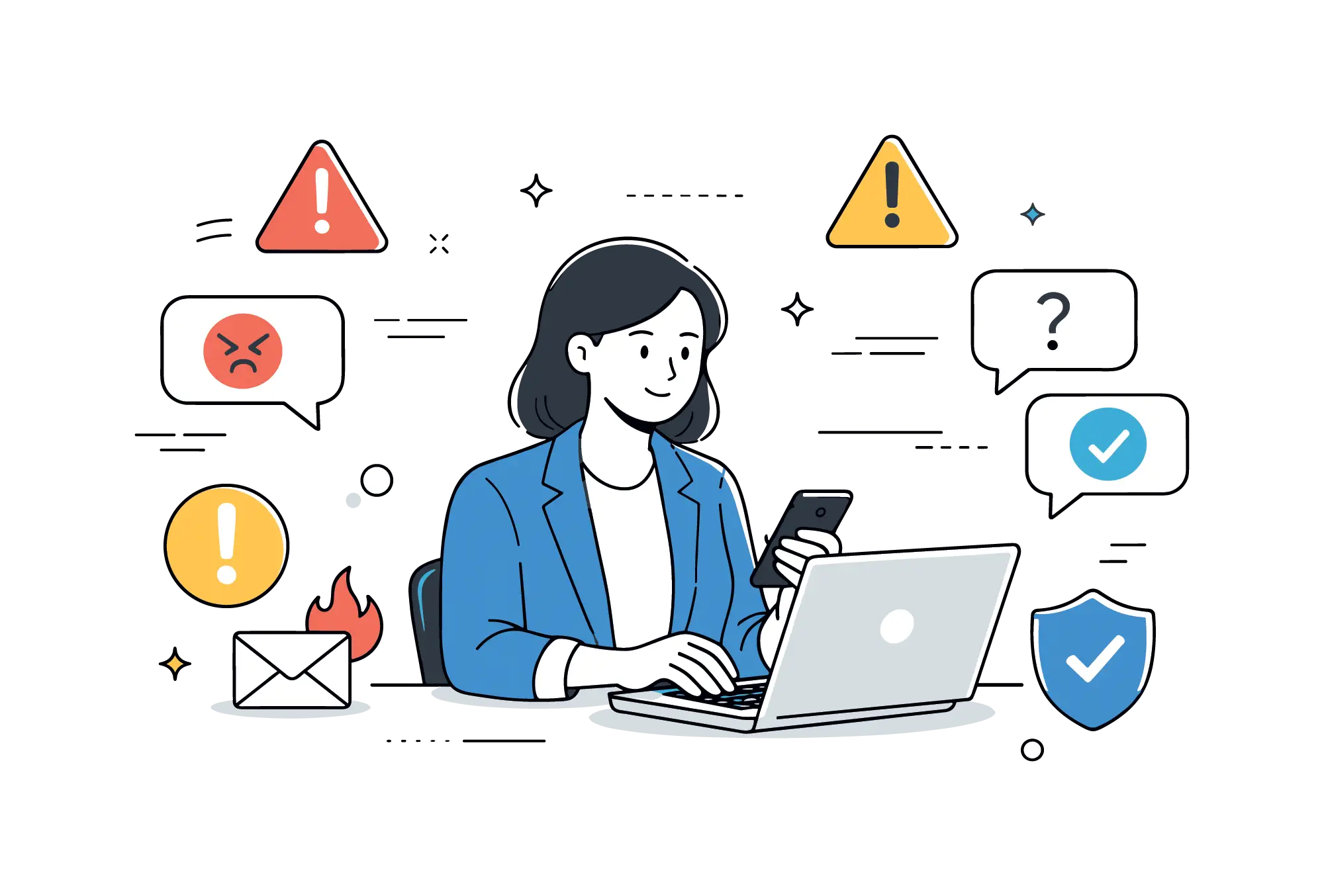 A PR manager calmly addressing messages on a screen while warning icons and speech bubbles are organized neatly around.