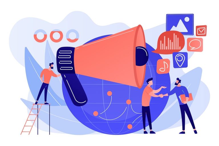 illustration with people, bullhorn, social media symbols