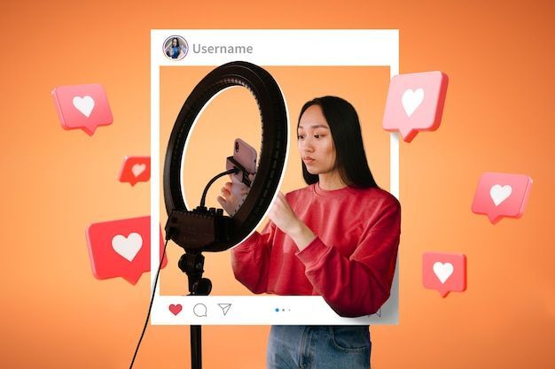 an influencer with a ring light and social media icons around her