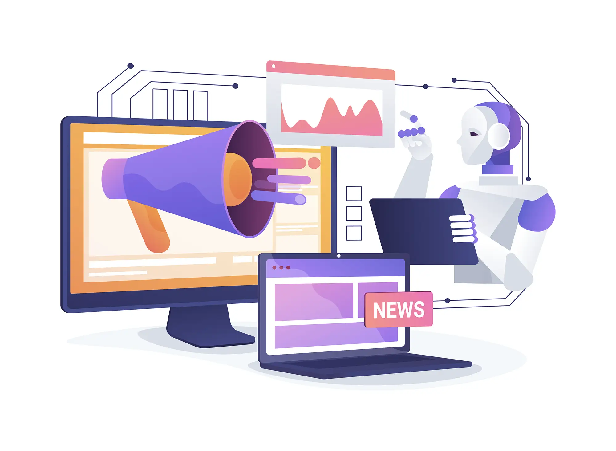 illustration of computers, news, PR